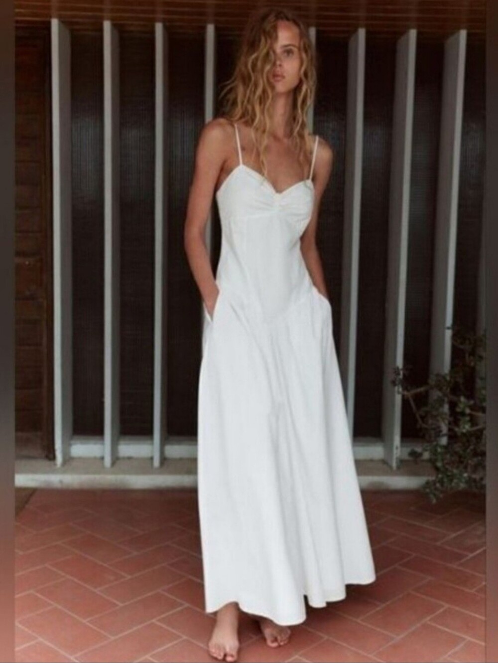 Zara Gabardine White Spaghetti-Strap Maxi Dress